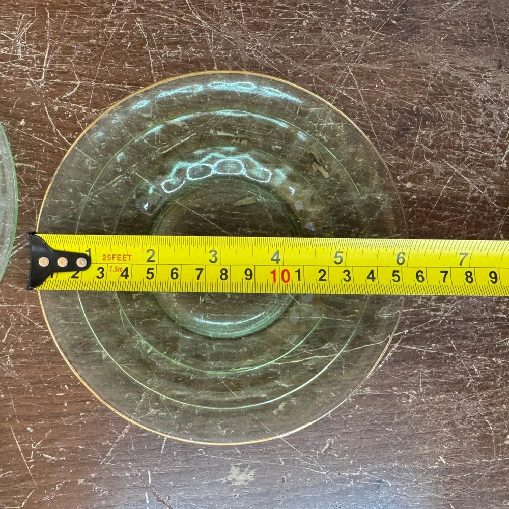 Set of 6 Vaseline Uranium Vintage Glass Saucers Gold Rimmed Dessert Small Plates